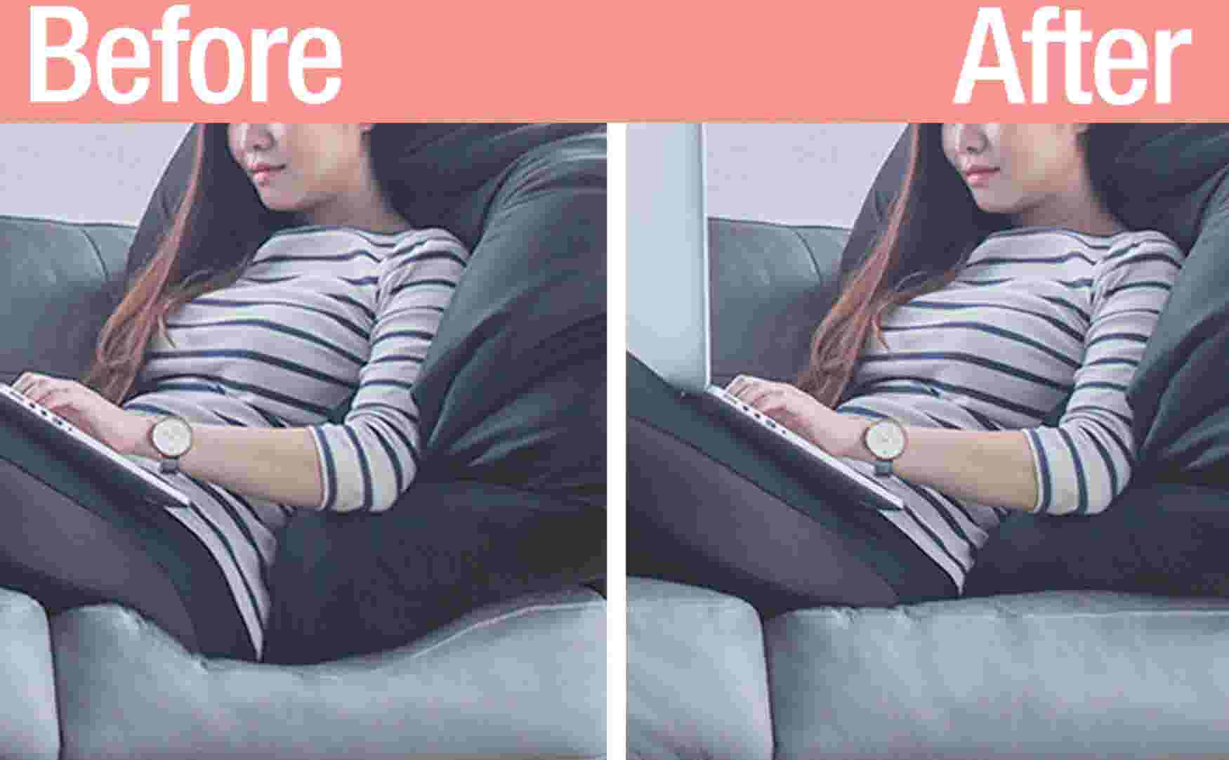 A before and after comparison of a woman sitting on a couch with and without a cushion support.
